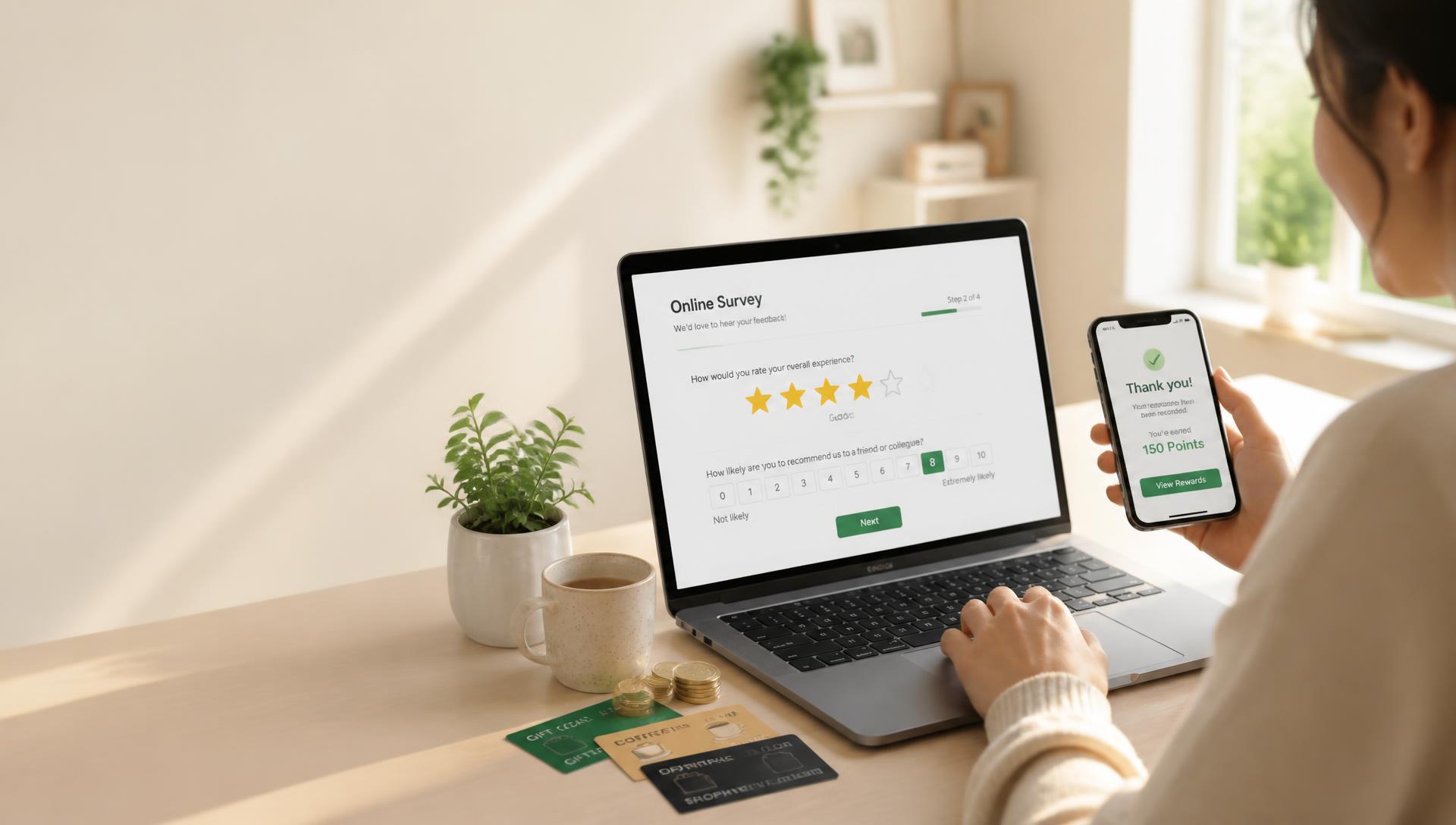 Person comparing paid survey and GPT reward sites on a laptop and phone